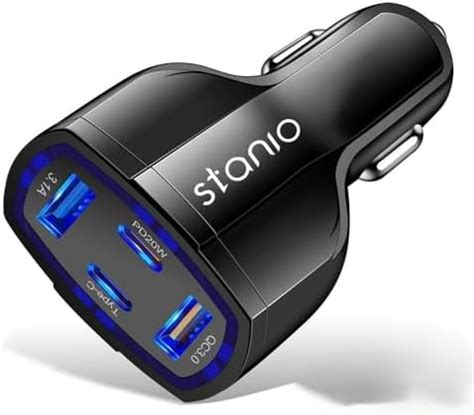 Stanio 53W 4-Port Car Charger, Dual USB-C PD + Dual USB-A QC 3.0 Fast ...