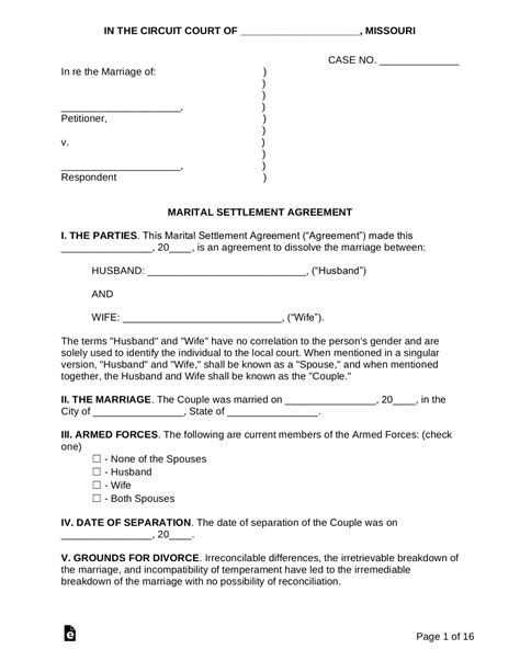 Free Missouri Marital Settlement (Divorce) Agreement - PDF | Word - eForms