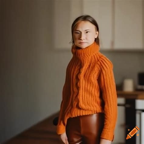 Side view portrait of a person in orange turtleneck sweater and leather ...