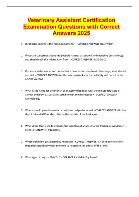 Veterinary Assistant Certification Examination Questions with Correct ...