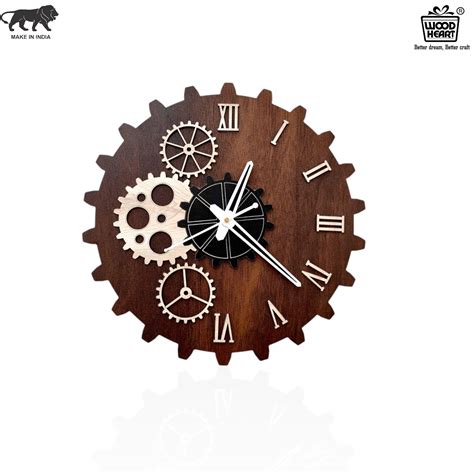 Wood Heart Gear-Themed Designer Wall Clock – Steampunk Style with Roma