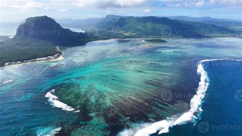 Aerial Landscape of Underwater Waterfall at Le Morne Beach in Mauritius ...