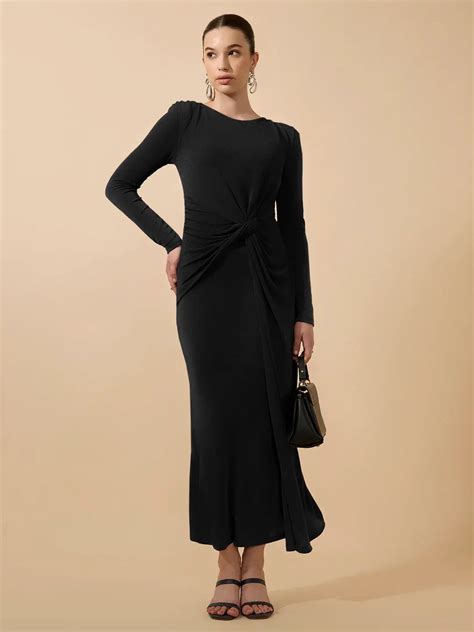 Shop Women's Black Long Sleeve Bodycon Dress with Side Knot Draping ...