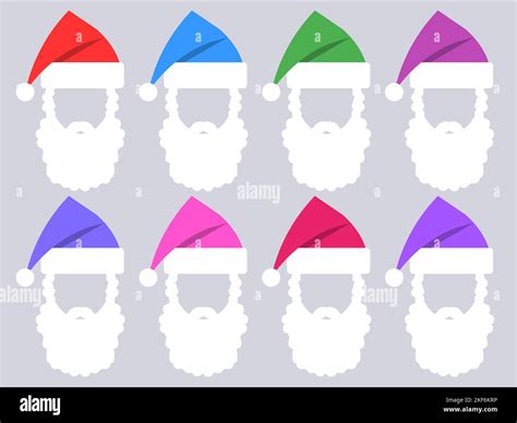 Hat and beard of Santa Claus collection. Set of icons of multicolored ...