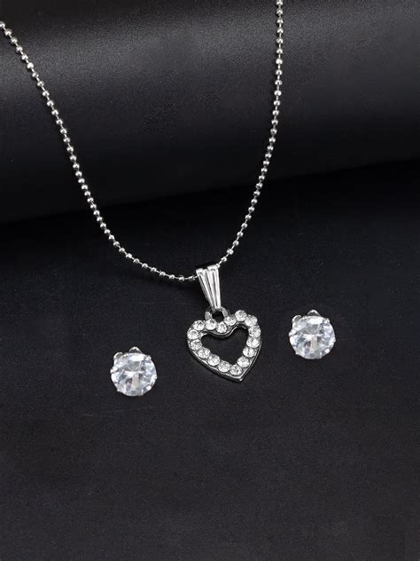 Silver Plated CZ Studded Heart Shaped Pendant & Studs Set – PRIVIU