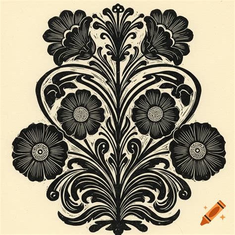 Black and white lino cut art with flowers in art nouveau and folk art ...
