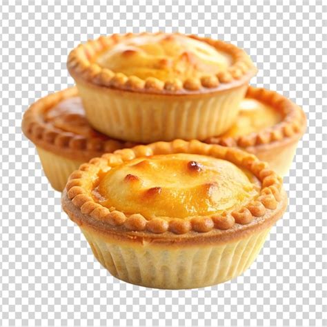 Three small pies with yellow filling on transparent background ...