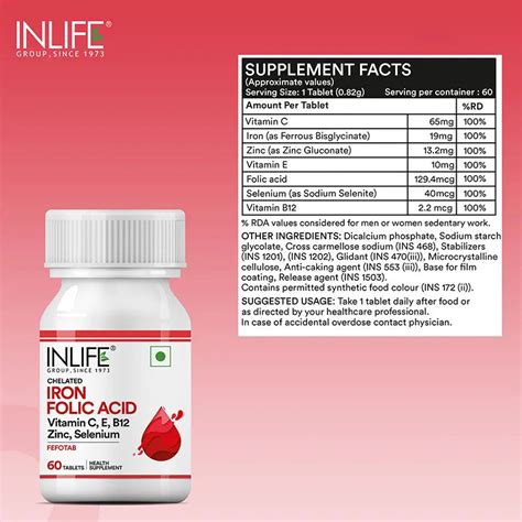 Inlife Chelated Iron Folic Acid with Vitamin C, E, B12, Zinc & Selenium ...