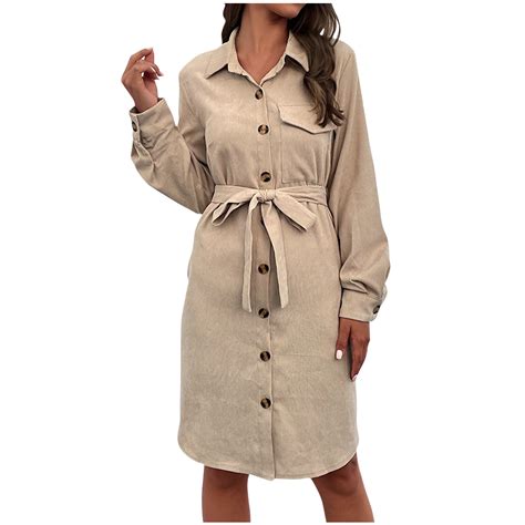 Annhoo Corduroy Dresses for Women Button down Lapel Long Sleeve Dress ...