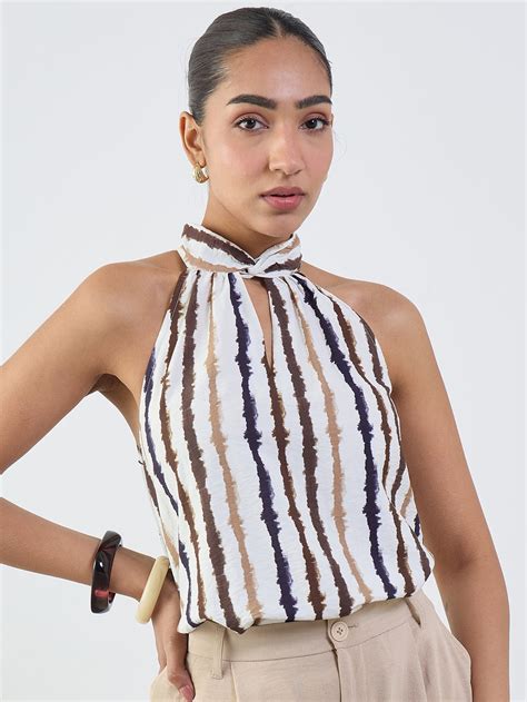 Off-White Abstract Stripe Halter Neck Top
