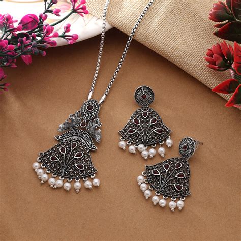 Classic Maroon Color Oxidised Necklace Set With Detailed Antique Craft ...
