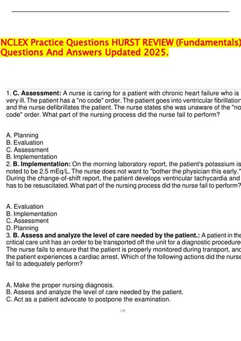 NCLEX Practice Questions HURST REVIEW (Fundamentals) Questions And ...
