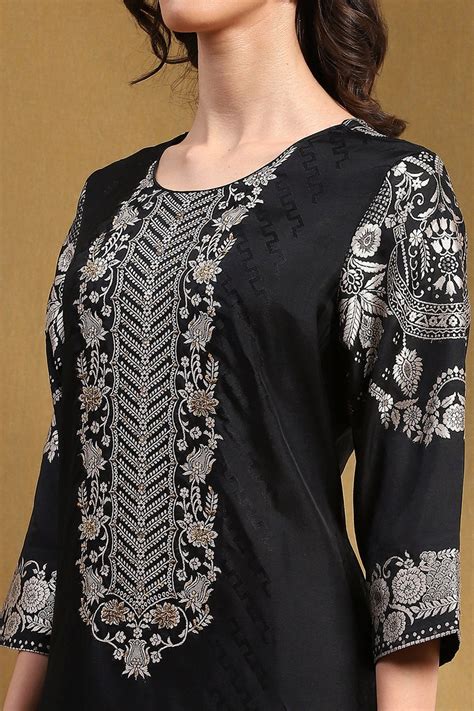 Black Viscose Blend Yarn Dyed Festive Straight Suit Set at Biba India