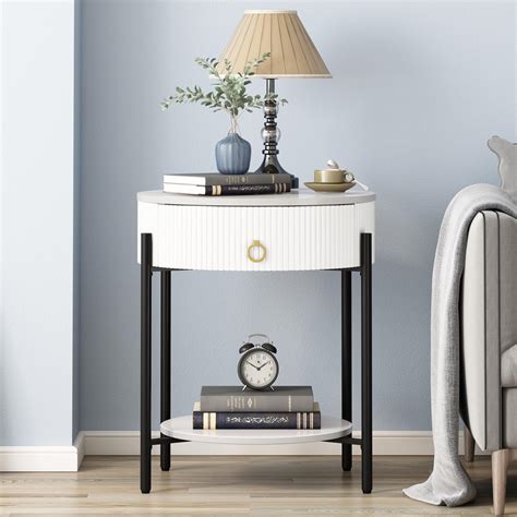 Factory seal-OIOG Round End Table with Drawer, Modern 2 Tier NightStand ...