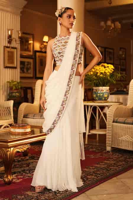 Buy Off White Georgette Hand Embroidered Draped Godet Skirt Saree With ...