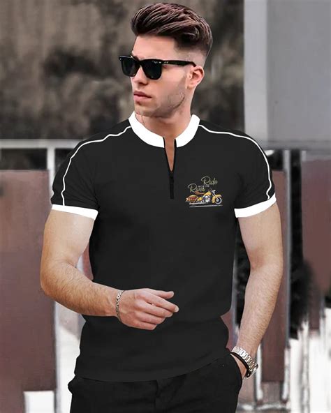 River Black Half Zippered Mandarin Half Sleeve Men's T-Shirt