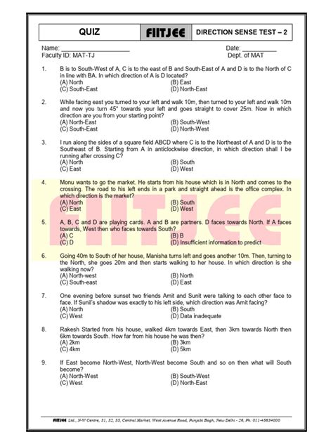 Image result for Direction Sense Test Questions and Answers