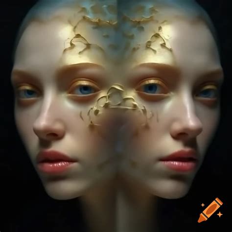 Fantasy fish with human faces, gold color, showing two teeth on Craiyon