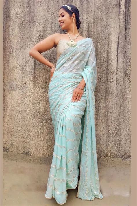 Buy Sky Blue Color Farewell Saree For College - Anaya Designer Studio
