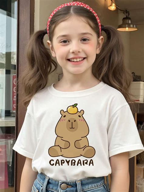 Tween Girls Cute Capybara Graphic Tee - White Polyester Short Sleeve ...