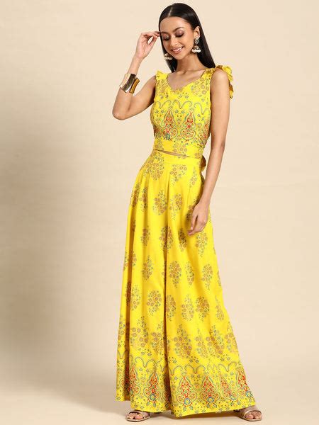 Buy Crop Top with pleated palazzo in Yellow Print for Women