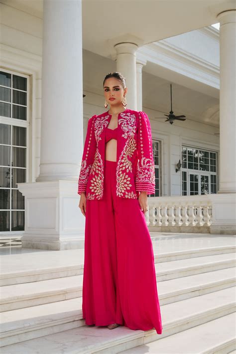 Hand Embroidered Jacket with Shahrara and Twisted Bralet - Fuchsia Pin