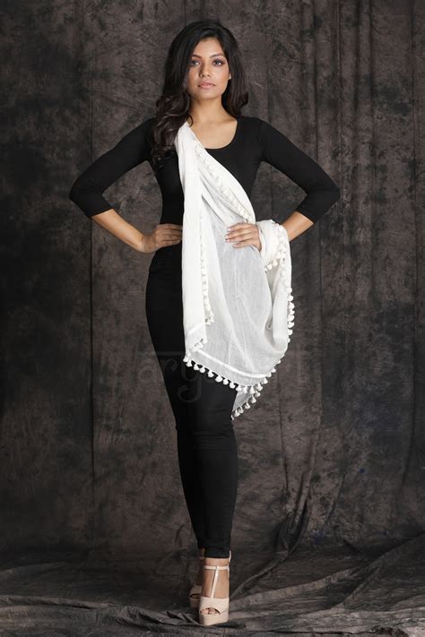 Sparkling White Stole With Pom Poms Along The Border | Aryavart ...