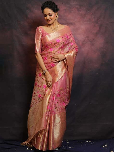 Banarasee Handwoven Broad Border Tissue Saree With Embroidered Floral