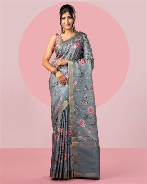 Ash Grey Floral Blended Tussar Silk Saree – Vijayalakshmi Silks