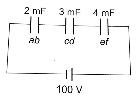 Three capacitors are connected to `D.C` source of `100` volts shown in ...