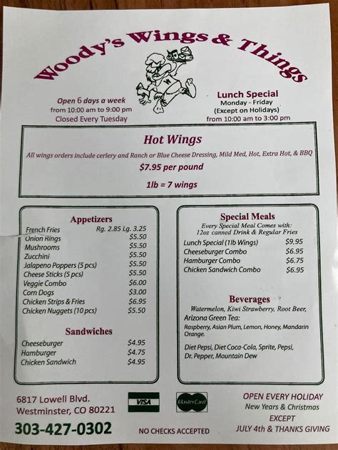 Menu at Woody's Wings N Things restaurant, Westminster, Lowell Blvd