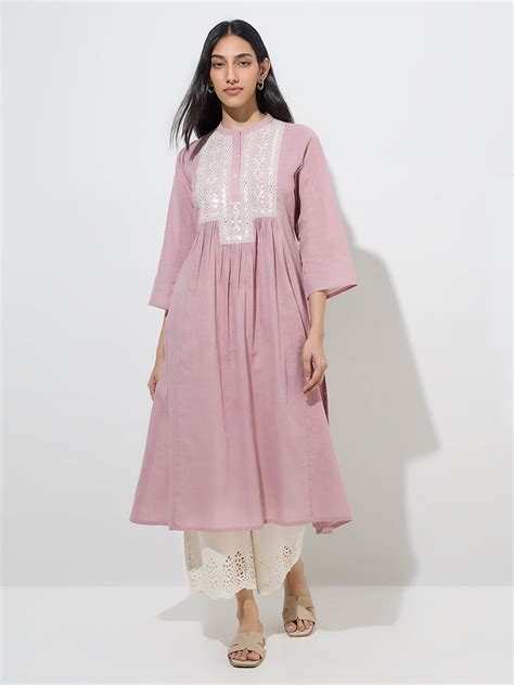 Buy Utsa Pink Embroidered A-Line Cotton Kurta from Westside