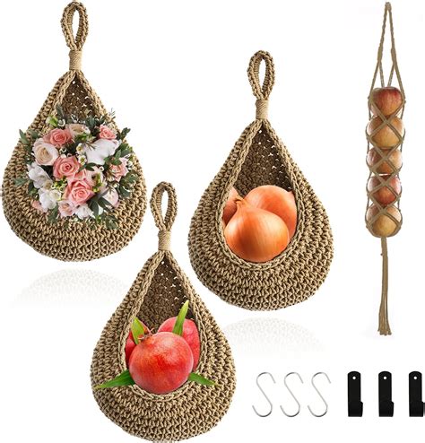 Amazon.com - YBW Hanging Fruit Baskets for Kitchen Boho Wall Hanging ...