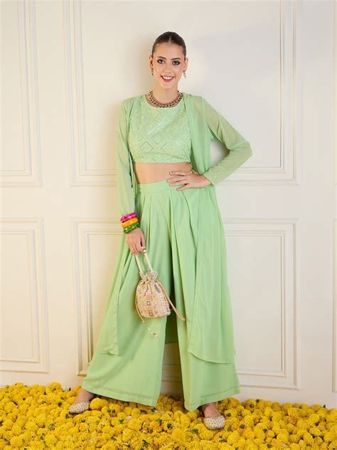 Women Mint Green Crop Top With Palazzos & Shrug