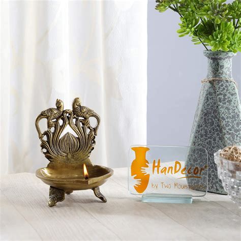 Buy Two Moustaches Brass Twin Peacock Over Carving Table Diya (Yellow_5 ...