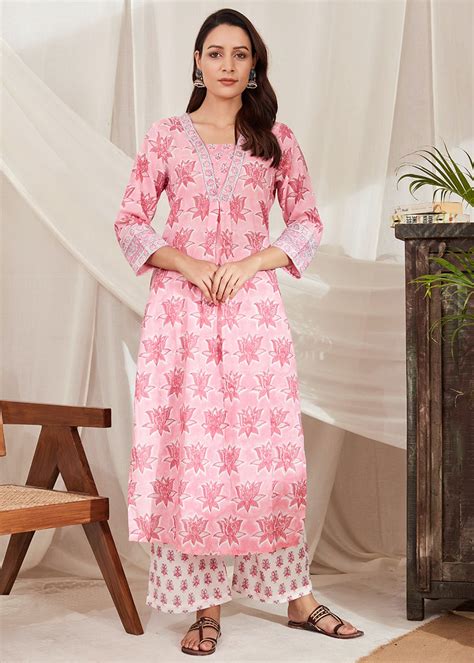 Get Lotus Printed Pink A-Line Cotton Kurta at ₹ 1950 | LBB Shop