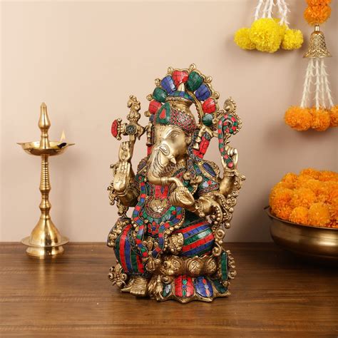 Brass Ganesha Idol with Stonework 16 inch – Budhshiv.com
