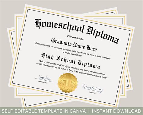 Editable Homeschool Diploma With Gold Seal Printable Homeschool ...