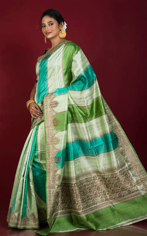 Handwoven Rangkart Dupion Tussar Raw Silk Saree in Multi Shades of Gre ...