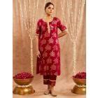 Dark Green Lace work Cotton Lurex Suit - Set of 3