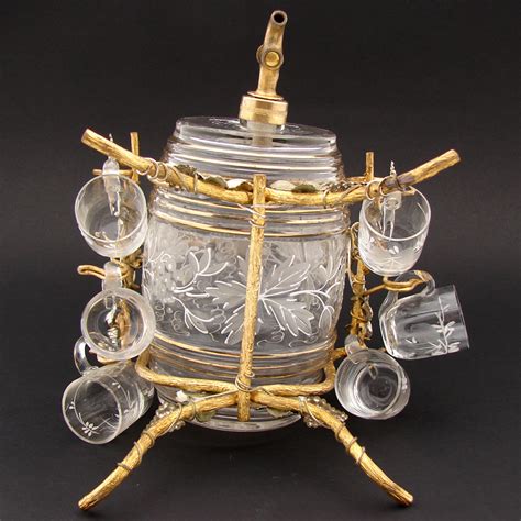 Antique French Aperitif Liqueur Service, Lg Barrel, Six Cups, Gilt Wir ...