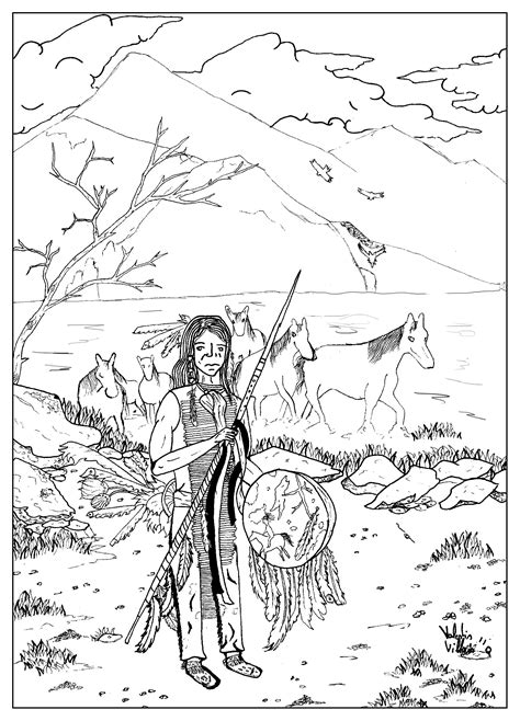 Big Indian chief and his horses - Native American Coloring Pages for adults