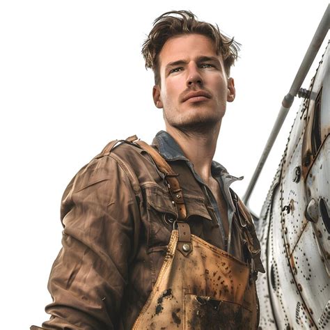 Male model as a vintage airplane mechanic engineering and nostalgia ...