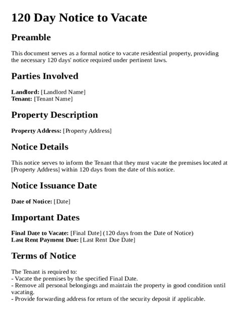 Fillable Online 120 Day Notice to Vacate Template Fax Email Print ...