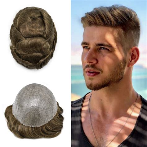 Buy Men Toupee Hair Systems Full Poly Human Hairpiece Thin Skin Wig ...