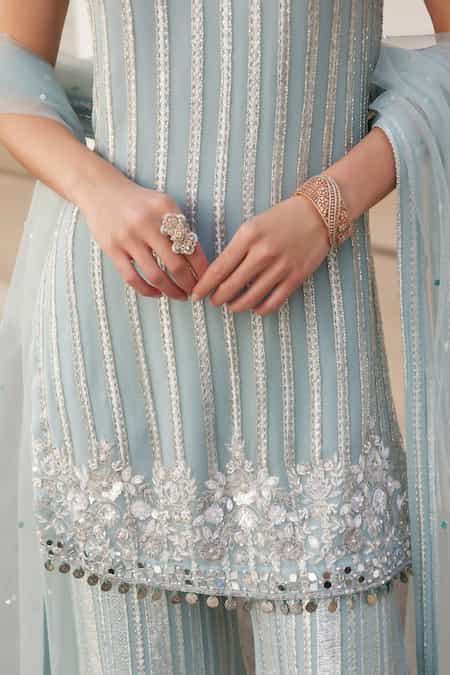 Buy Blue Georgette Mirrors, Zari Round Neck Powder Embellished Kurta ...