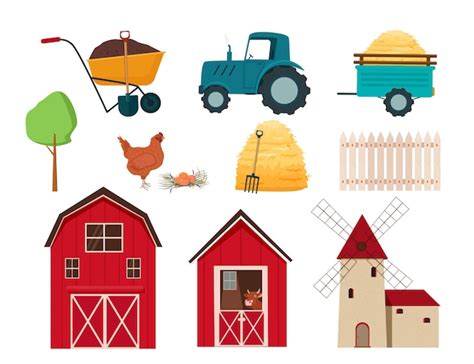 Eine rote Scheune, ein Postamt, ein Heuhaufen, ein Destillierkolben mit ...