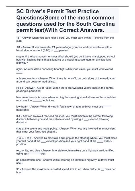 SC Driver's Permit Test Practice Questions(Some of the most common ...