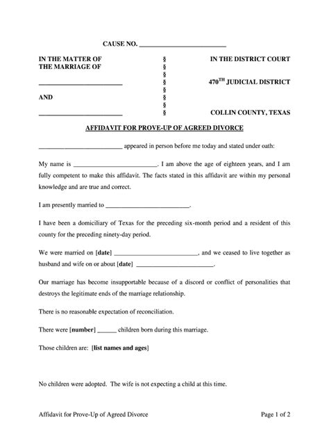 TX Affidavit for Prove-Up of Agreed Divorce Form - Fill Online ...
