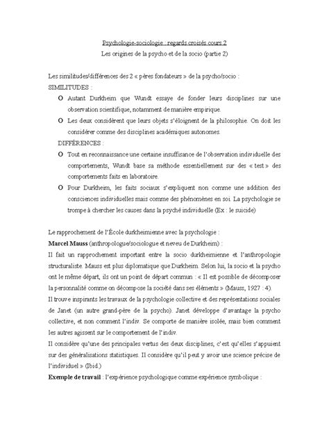 PS01000 notes cours 2 - Psychologie-sociologie : regards croisés cours 2 Les origines de la ...